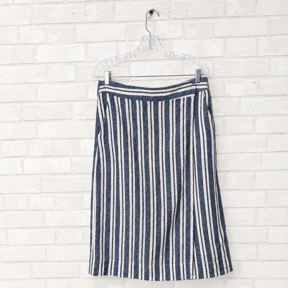 Gap Linen Blnd Stripe Midi Wrap Skirt Size M Coastal Nautical Minimalist Pockets